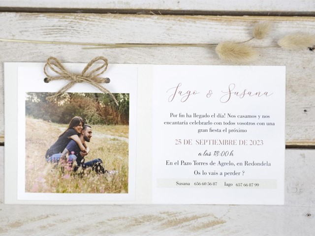Invitación de boda con foto polaroid (horizontal) y sobre Kraft incluido